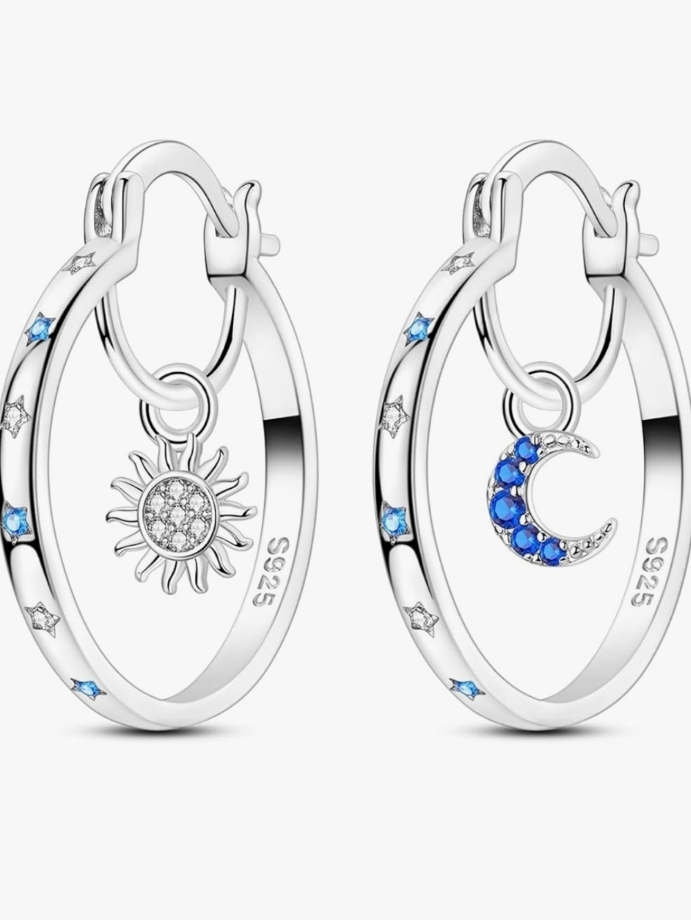Sterling Silver Sun and Moon Hoop Earrings with Blue Accents